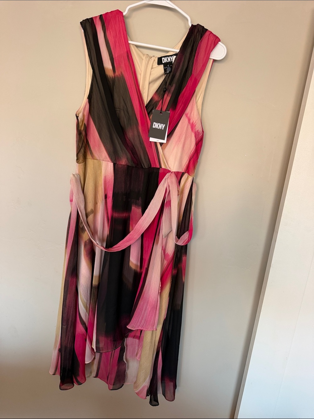 DKNY Pink Black Multi-Color Pleated Midi Dress